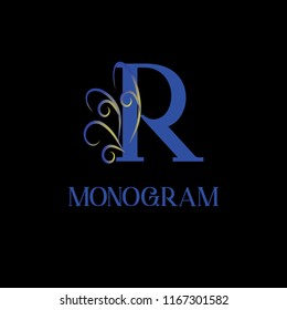 A sophisticated monogram template. A vectorized calligraphic elegant design of the logo on a black background. Sign of emblem "Great Letters" R for royalty, business cards, boutique, hotel, heraldry, 