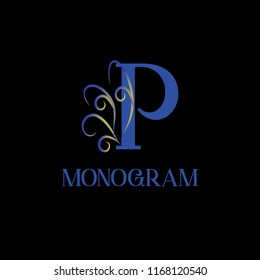 A sophisticated monogram template. A vectorized calligraphic elegant design of the logo on a black background. Star Emblem "in big letters" P for royalty, business cards, a boutique hotel, heraldry, j