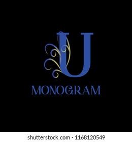 A sophisticated monogram template. A vectorized calligraphic elegant design of the logo on a black background. Star Emblem "in big letters" U for royalty, business cards, a boutique hotel, heraldry, j