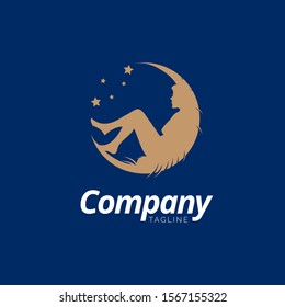 A sophisticated and mystical vector logo design featuring a feminine silhouette. The icon shows a woman reclining gracefully within a golden crescent moon, accompanied by a cluster of delicate stars. Set against a deep navy blue background, this celestial emblem represents serenity, dreaminess, and natural beauty. It is ideal for luxury spas, skincare brands, wellness centers, jewelry boutiques, and sleep-related products.