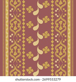 Padrão sofisticado de listras ornamentais com elementos florais estilizados em ouro sobre fundo de terracota. Ideal para impressões têxteis premium, painéis de parede, projetos de decoração interior, embalagem artesanal