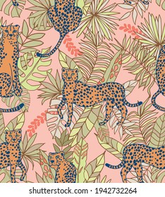 Sophisticated pattern with big cats, cheetahs or leopards on a dusty earthy rose pink and sage green colored ground with tropical leaves