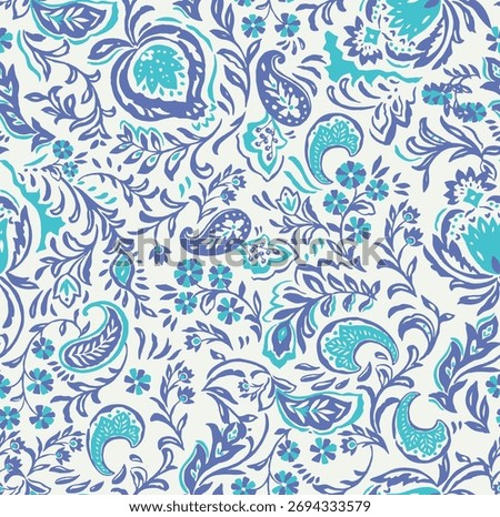 Sophisticated pattern features intricate blue and teal paisley motifs, accompanied delicate flowers and vines. fabric prints, wallpapers, digital backgrounds. Ideal for fashion textiles, home decor.