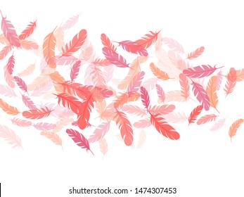 Sophisticated pink flamingo feathers vector background. Easy plumelet ethnic indian graphics. Plumage bohemian fashion shower decor. Fluffy twirled feathers on white design.