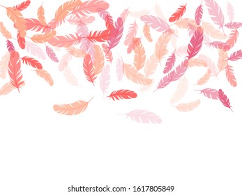 Sophisticated pink flamingo feathers vector background. Angel wing plumage concept. Flying feather elements airy vector design. Decoration confetti of carnival plumelet.