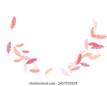 Sophisticated pink flamingo feathers vector background. Flying feather elements airy vector design. Plumage glamour fashion shower decor. Decoration confetti of carnival plumelet.