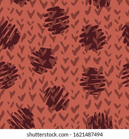 Sophisticated polka dot background with decorative knitting braids, tick marks texture, Simple geometric shapes seamless pattern.