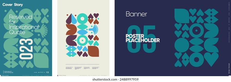 Sophisticated poster designs blending shapes and patterns in monochromatic schemes, ideal for creative covers and inspirational banners.