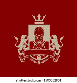 A sophisticated and powerful heraldic vector logo featuring a medieval knight in full armor within a shield, flanked by two majestic lions. Topped with a royal crown and decorated with an elegant ribbon banner on a rich maroon background. This classic crest design is perfect for luxury hotels, premium spirits, security firms, legal consultants, heritage brands, and prestigious clubs.
