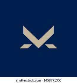 A sophisticated and professional vector monogram featuring the letters M and V integrated into a clean, geometric silhouette. The design utilizes a subtle gold champagne color against a deep navy blue background, creating a premium and luxurious aesthetic. This minimalist emblem is ideal for high-end fashion boutiques, investment firms, luxury real estate, architecture agencies, and corporate identities seeking a timeless and balanced brand mark.