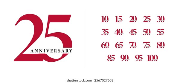 Sophisticated red anniversary typography with classic styling for milestones from 10 to 100 years. Ideal for professional branding, events, or commemorative materials. Vector illustration.