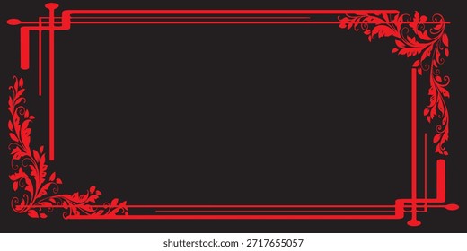 Un sofisticado borde rojo con intrincados diseños florales en las esquinas, sobre un fondo claro y oscuro.