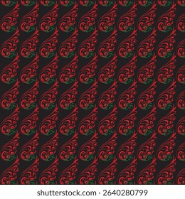Sophisticated red and green paisley pattern seamlessly repeats across a dark background, offering an elegant and artistic design. This versatile vector is perfect for textile applications.