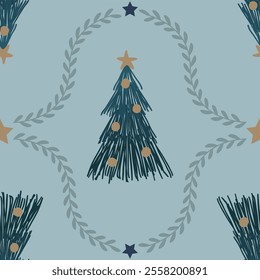 Sophisticated repeatable pattern for Christmas wrapping paper. Christmas tree on  blue gray background. 