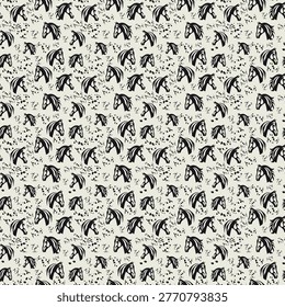A sophisticated repeating pattern with artistic sketches of horse heads. This monochrome vector design captures the grace of equine profiles with expressive line work, perfect for rustic decor, equestrian branding, and vintage-inspired textiles