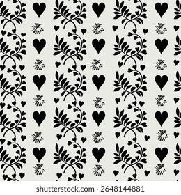A sophisticated repeating pattern featuring intertwining vines and heart shapes in black against a soft light background. This stylish design is perfect for romantic themes, wedding decor.
