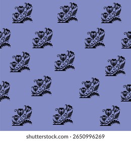 A sophisticated repeating pattern featuring intricate floral motifs in shades of blue against a soft lavender background. This elegant design exudes charm and refinement, making it ideal for textiles.
