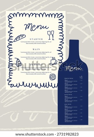 Sophisticated restaurant menu set featuring a cream-colored food menu with decorative navy blue wavy border and a navy blue wine bottle-shaped wine list. Ideal for upscale bistros, wine bars, fine dining establishments, and elegant restaurant branding with its refined navy and cream color palette.​​​​​​​​​​​​​​​​