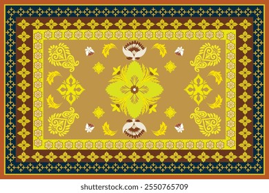 A sophisticated rug with a beige background, intricate golden floral patterns, decorative butterflies, and layered borders in brown, navy, and orange, creating a warm and traditional aesthetic design