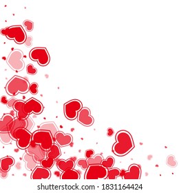 Sophisticated scattered hearts falling valentine background. Modern invitation card backdrop. Ruby red hearts love emotion symbols isolated on transparent background. Anniversary lovely decor.