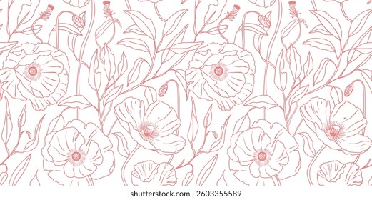 Um sofisticado padrão floral sem emenda com delicadas flores desenhadas à mão e folhagem em uma tonalidade rosa quente. 