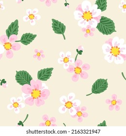 Sophisticated seamless floral repeat pattern with apple blossom flowers on cream. Strawberry, cherry blossom, shabby chic cottagecore flower