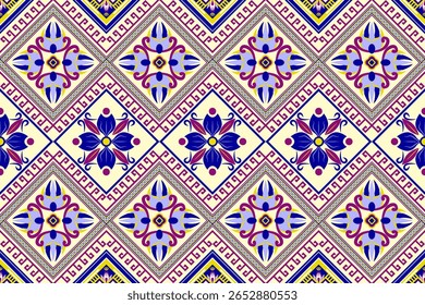 A sophisticated seamless geometric abstract floral pattern with a harmonious blend of yellow, blue, purple, and white. Features intricate rhombus and floral elements, for textile, carpet, background.