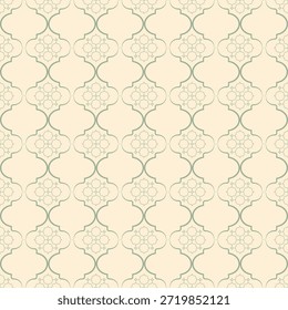 Um padrão geométrico sofisticado e sem emenda com um clássico motivo de treliça inspirado no Marrocos. Esta ilustração vetorial usa uma paleta de cores suave verde sábio e creme, ideal para decoração de casa, embalagem de luxo, impressões têxteis e fundos do site