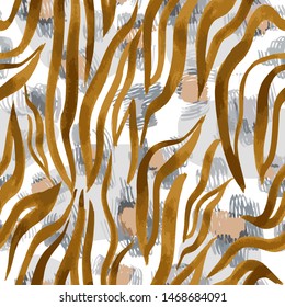 Sophisticated seamless pattern with abstract jungle camouflage animal texture. Artistic animal skin leopard spots fur with watercolor zebra stripes skin background. Trendy wavy stripes animal pattern.