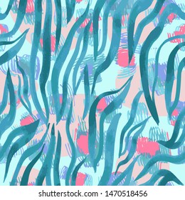 Sophisticated seamless pattern with abstract jungle camouflage animal texture. Artistic animal skin leopard spots fur with watercolor zebra stripes skin background. Trendy wavy stripes animal pattern.