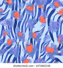 Sophisticated seamless pattern with abstract jungle camouflage animal texture. Artistic animal skin leopard spots fur with watercolor zebra stripes skin background. Trendy wavy stripes animal pattern.