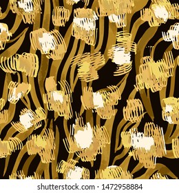 Sophisticated seamless pattern with abstract jungle camouflage animal texture. Artistic animal skin leopard spots fur with watercolor zebra stripes skin background. Trendy wavy stripes animal pattern.