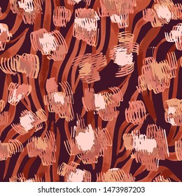 Sophisticated seamless pattern with abstract jungle camouflage animal texture. Artistic animal skin leopard spots fur with watercolor zebra stripes skin background. Trendy wavy stripes animal pattern.