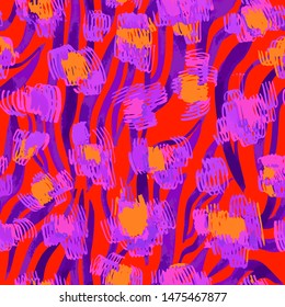 Sophisticated seamless pattern with abstract jungle camouflage animal texture. Artistic animal skin leopard spots fur with watercolor zebra stripes skin background. Trendy wavy stripes animal pattern.