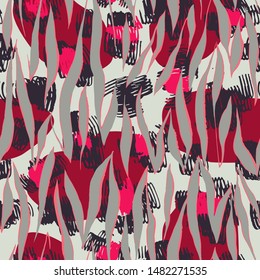 Sophisticated seamless pattern with abstract jungle camouflage animal texture. Artistic animal skin leopard spots fur with watercolor zebra stripes skin background. Trendy wavy stripes animal pattern.