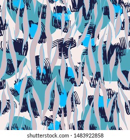Sophisticated seamless pattern with abstract jungle camouflage animal texture. Artistic animal skin leopard spots fur with watercolor zebra stripes skin background. Trendy wavy stripes animal pattern.