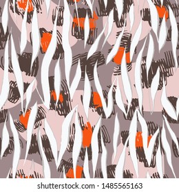 Sophisticated seamless pattern with abstract jungle camouflage animal texture. Artistic animal skin leopard spots fur with watercolor zebra stripes skin background. Trendy wavy stripes animal pattern.