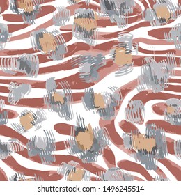 Sophisticated seamless pattern with abstract jungle camouflage animal texture. Artistic animal skin leopard spots fur with watercolor zebra stripes skin background. Trendy wavy stripes animal pattern.