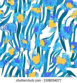 Sophisticated seamless pattern with abstract jungle camouflage animal texture. Artistic animal skin leopard spots fur with watercolor zebra stripes skin background. Trendy wavy stripes animal pattern.