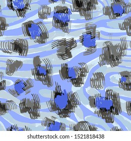 Sophisticated seamless pattern with abstract jungle camouflage animal texture. Artistic animal skin leopard spots fur with watercolor zebra stripes skin background. Trendy wavy stripes animal pattern.