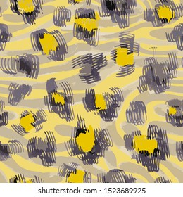 Sophisticated seamless pattern with abstract jungle camouflage animal texture. Artistic animal skin leopard spots fur with watercolor zebra stripes skin background. Trendy wavy stripes animal pattern.