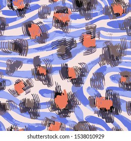 Sophisticated seamless pattern with abstract jungle camouflage animal texture. Artistic animal skin leopard spots fur with watercolor zebra stripes skin background. Trendy wavy stripes animal pattern.