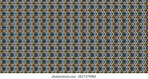 A sophisticated seamless pattern design featuring repeating Star of David motifs in a modern color palette of teal, gold, and white, perfect for Judaic themes and textile backgrounds.