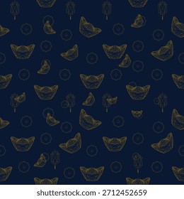Un sofisticado patrón sin fisuras con contornos de alambre dorado de símbolos tradicionales chinos de riqueza y celebración, sobre un fondo azul profundo. 