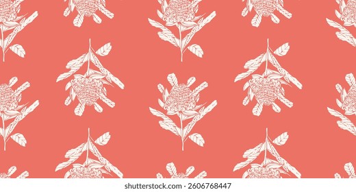 sofisticado padrão sem emenda com flores proteicas desenhadas à mão em um delicado contorno branco contra um fundo de coral silenciado.