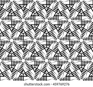 Sophisticated seamless pattern of various geometric elements woven on a hexagonal grid. Application for interior design, printing, wallpaper, textile industry