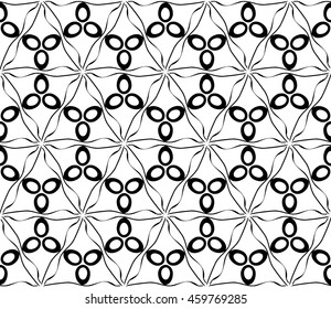 Sophisticated seamless pattern of various geometric elements woven on a hexagonal grid. Application for interior design, printing, wallpaper, textile industry