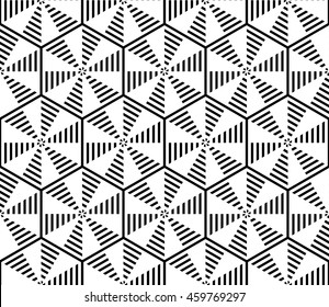 Sophisticated seamless pattern of various geometric elements woven on a hexagonal grid. Application for interior design, printing, wallpaper, textile industry