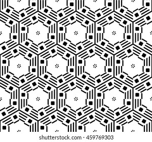 Sophisticated seamless pattern of various geometric elements woven on a hexagonal grid. Application for interior design, printing, wallpaper, textile industry