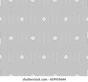 Sophisticated seamless pattern of various geometric elements woven on a hexagonal grid. Application for interior design, printing, wallpaper, textile industry